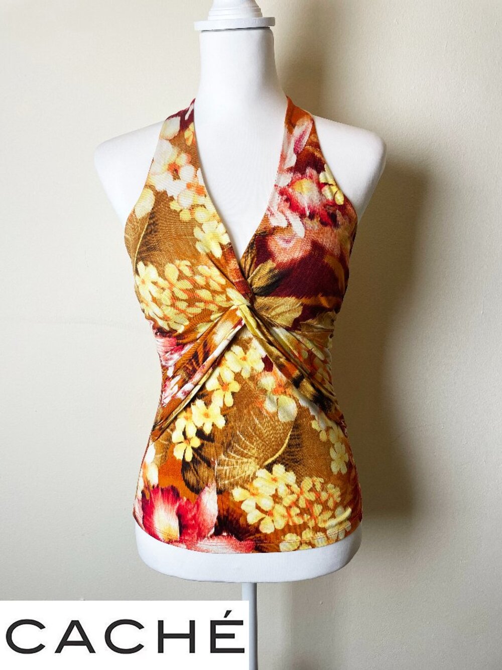 Vintage Caché Y2K Floral Halter Top | Twist Front Tie Back | Size S | EUC